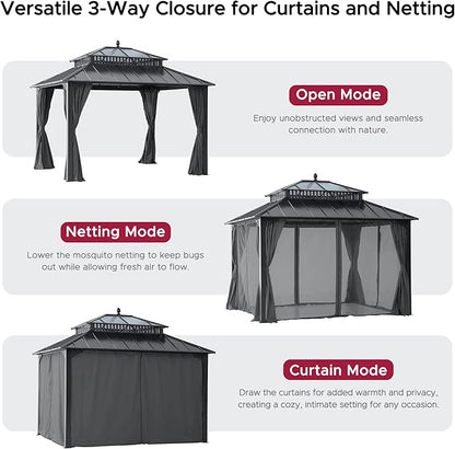 SUNJOY Kingston 12' x 10' Hardtop Gazebo with Galvanized Steel/Polycarbonate Double Roof, Curtain and Netting, Gray Aluminum Posts Permanent Pavilion Gazebo for Garden, Patio, Deck, Lawn