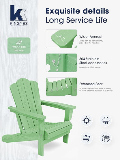 KINGYES Folding Adirondack Chair Set of 2, HDPE All-Weather Folding Adirondack Chair, Light Green