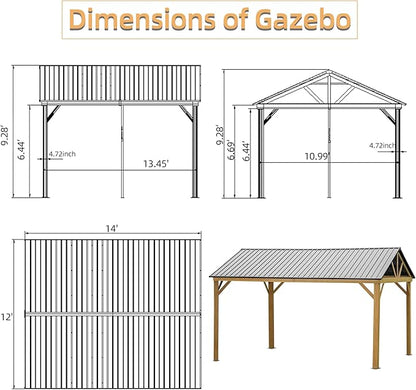 Domi 12’x14’ Hardtop Gazebo Outdoor Aluminum Gazebo with Galvanized Steel Gable Roof for Lawn and Garden(Wood-Looking)