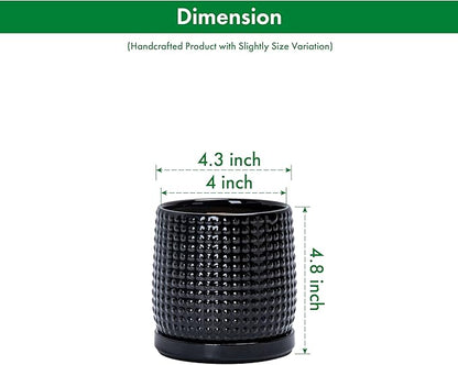 D'vine Dev Set of 2 Ceramic Plants Pots, 4 Inch Beaded Stoneware Flower Pot for Plants with Drainage Hole and Saucer, Glossy Black, 27-E-Z-2