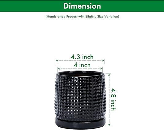 D'vine Dev Set of 2 Ceramic Plants Pots, 4 Inch Beaded Stoneware Flower Pot for Plants with Drainage Hole and Saucer, Glossy Black, 27-E-Z-2