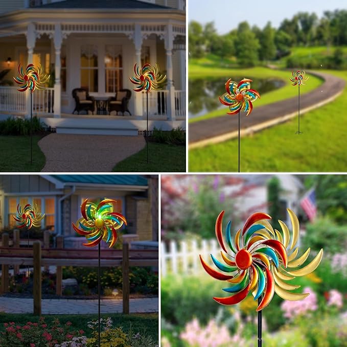 Solar Wind Spinners Outdoor, 60.6 Inch Metal Stake Garden Spinners Decor, Wind Spinner for Yard and Garden with Solar Powered Multi-Color Glass Ball Light (Strip)