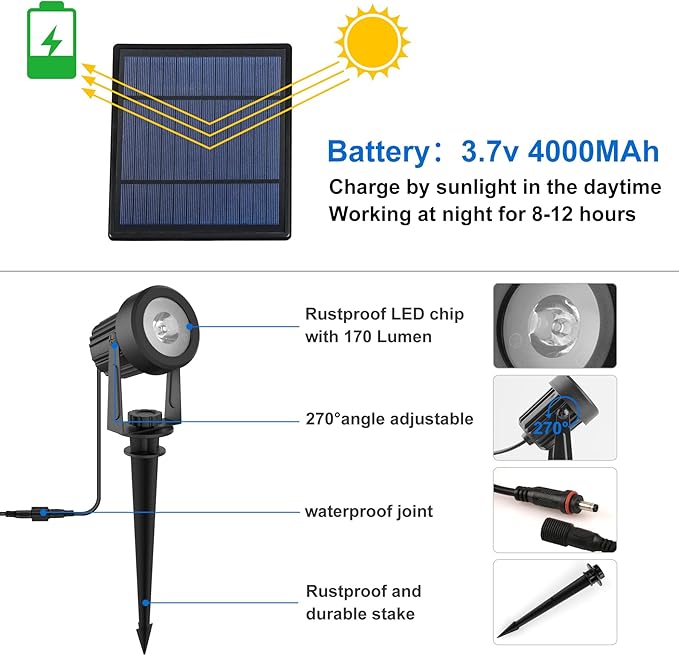 Solar Spot Lights Outdoor, Landscape Spotlights IP65 Waterproof 9.8ft Cable, Dusk to Dawn Solar Uplights for Tree Garden Yard Driveway Porch Walkway Pool (6-in-1, 6000K Cold White)