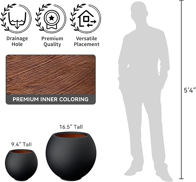 Kante Round Concrete Flower Pot, 11 Inch Dia (7.9" Opening) Sphere Shape Design Planter with Drainage Hole and Rubber Plug for Indoor & Outdoor Plants, Black Finish with Warm Brown Interior