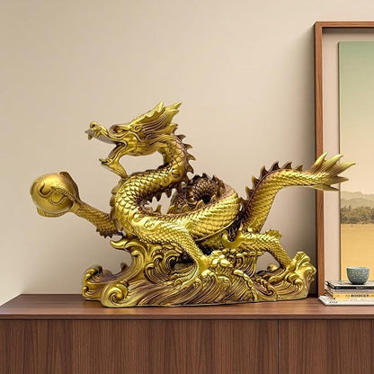 FUNSXBUG 13.6 INCH Chinese Feng Shui Dragon Statue Sculpture Resin Figurines FengShui Decor Home Office Desktop Tabletop Ornaments Decoration Good Lucky Gifts Gold
