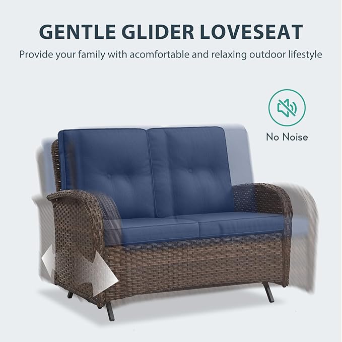 Outdoor Swivel Glider Rocker Chairs Set- 6 Piece Patio Furniture Set with A Glider Loveseat, Tempered Glass Side Table and 2 Ottoman, for Balcony, Porch - Brown Wicker, Blue Cushion