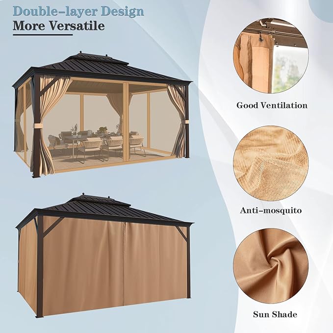MELLCOM 10' x 12' Hardtop Gazebos, Brown Permanent Pavilion Gazebo with Curtains and Netting, Galvanized Steel Metal Double Roof with Aluminum Frame for Patio, Lawn & Garden