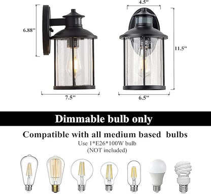 MICSIU 11.5 Inch Motion Sensor Outdoor Wall Light Fixture, Dusk to Dawn Outdoor Light with Clear Seedy Glass, Matte Black Exterior Light for House, Front Porch, Garage, Walkway