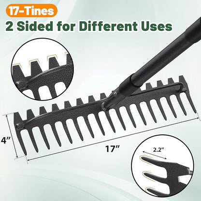 Garden Rake, 63 Inch Long Handle with 17 Tongs, Heavy Duty Metal Bow Rake for Loosening Leveling Soil, Garden Leaf Rake for Raking Leaves Grass , Weeding, Metal Yard Thatch Lawn Care Garden Tool