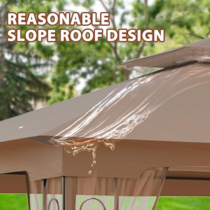 EAGLE PEAK Patio Gazebo with Mesh Netting 13x11 at Top 12x10 Footprint, Soft Top Outdoor Pavilion for Backyard, Deck, Lawn and Garden, Brown