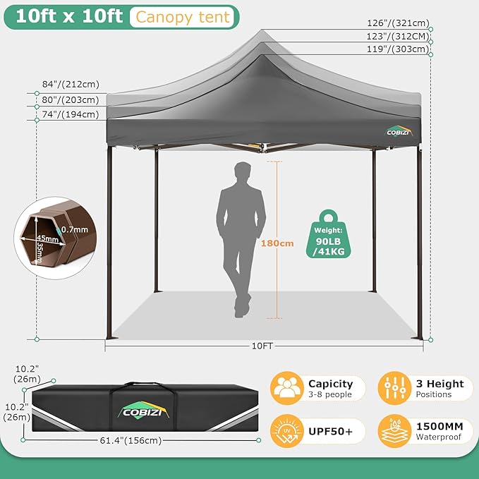 COBIZI 10x10 Pop Up Heavy Duty Canopy with 4 Sidewalls and Hexagonal Legs, Easy up Tent for Events, Parties, Camping, Outdoor Canopy with Portable Bag, Waterproof & UPF50+ (Gray)