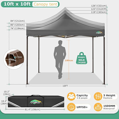 COBIZI 10x10 Pop Up Heavy Duty Canopy with 4 Sidewalls and Hexagonal Legs, Easy up Tent for Events, Parties, Camping, Outdoor Canopy with Portable Bag, Waterproof & UPF50+ (Gray)