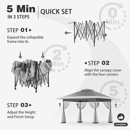Bezseller 13x13 Pop Up Gazebo Tent with Mosquito Netting – Quick Set Up, Water-Resistant Outdoor Canopy for Patio, Garden, Backyard, and More,Deep Grey
