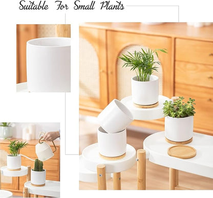 OMAYKEY 4 Inch Ceramic Plant Pot with Saucer, White Planters Pots with Drainage Hole and Mesh Pads for Succulent, Snake, Cactus, Herbs - 4 Packs(Plant Not Included)