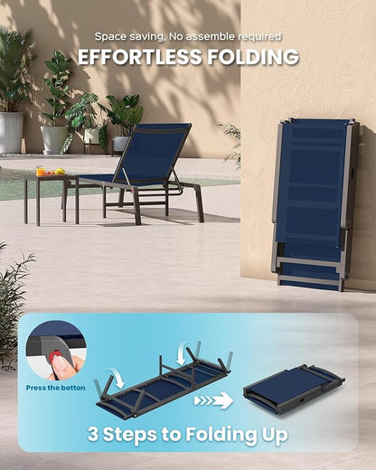 Foldable Pool Lounge Chairs, Aluminum Chaise Lounge Outdoor with 5 Positions Recliner - Free Assembly - Patio Lounge Chair for Poolside, Beach (Navyblue)
