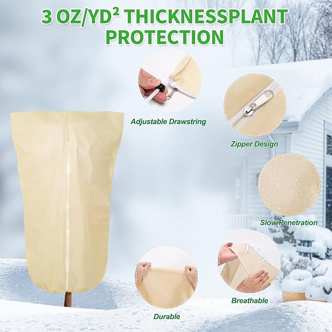 2 Pack 43"x32" Winter Plant Covers Freeze Protection Frost Cloth Blankets, 3 oz/yd² Tree Cover with Zipper Drawstring, Frost Protection Jacket for Outdoor Plant Cold Weather Protector Beige