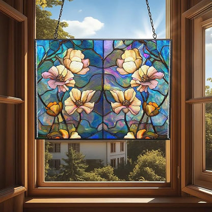 Customized Rectangle Rainbow Lotus Stained Glass Window Hanging, Suncatcher for Women, Stained Glass Window Decor Perfect Home Décor
