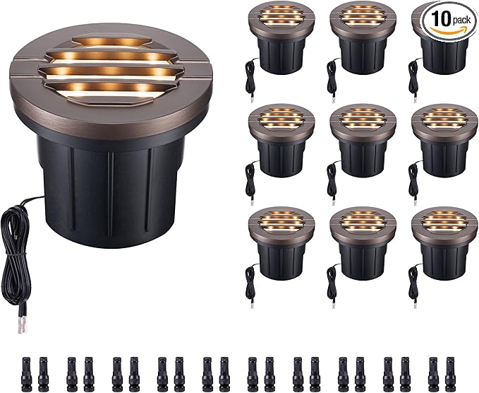 Low Voltage Well Lights LED, 12V in-Grade Landscape Lights, Outdoor IP67 Waterproof, 6" Wired Grated Top Aluminum ORB for Path Yard 6W 350LM 10 Pack