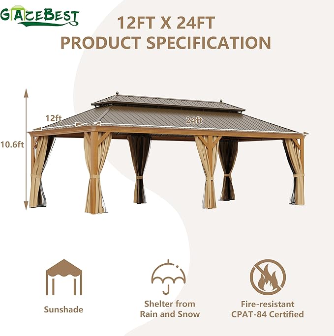 12' X 24' Hardtop Gazebo Outdoor Aluminum Patio Gazebo Double Roof Galvanized Steel Canopy Wooden Finish Coated with Netting and Curtains for Garden, Backyard,Deck and Lawns