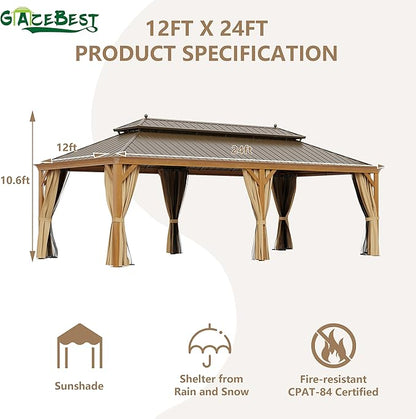 12' X 24' Hardtop Gazebo Outdoor Aluminum Patio Gazebo Double Roof Galvanized Steel Canopy Wooden Finish Coated with Netting and Curtains for Garden, Backyard,Deck and Lawns