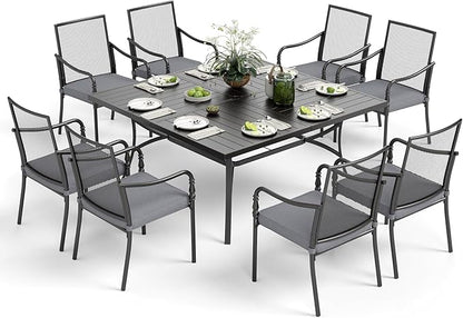 Patio Table and Chairs Set of 8, All Weather Breathable Metal Mesh Patio Chair with Gourd-Shaped Armrests, 60x60 Square Table with Umbrella Hole, 9 Pcs Metal Frame Patio Dining Set