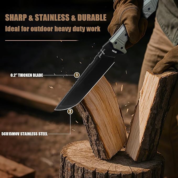 Machete w Kydex Sheath, 15'' Camping Machetes for Cutting Trees Heavy Duty,DC53 Steel Blade - 62 HRC, Full Tang Survival Machete w Firestarter, Non-Slip Handle, Ideal for Yard Work, Hunting,Outdoor