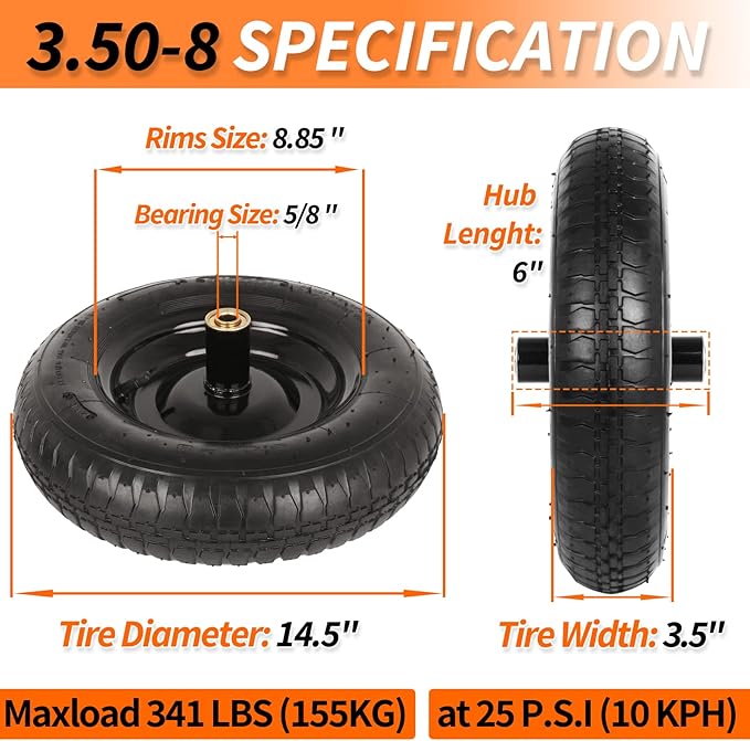14.5" Wheelbarrow Tire, 3.50-8” Pneumatic Tire, Universal Wheelbarrow Wheel for 4.80/4.00-8”, 4.00-6”, and 2.50-8”, with 6" Centered Hub, 5/8" Axle Bore Hole, Sealed Bearings