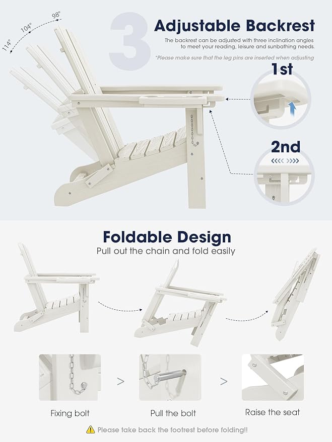 KINGYES Adjustable Folding Adirondack Chair with Footrest & 4-in-1 Multi-Functional Armrest Organizer, HDPE Foldable Reclining Adirondack Chair with Pull-Out Ottoman, White