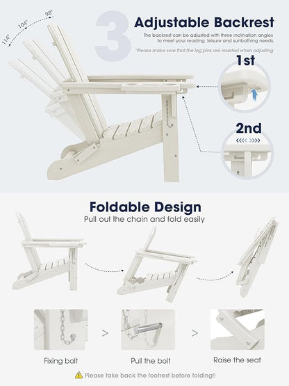 KINGYES Adjustable Folding Adirondack Chair with Footrest & 4-in-1 Multi-Functional Armrest Organizer, HDPE Foldable Reclining Adirondack Chair with Pull-Out Ottoman, White