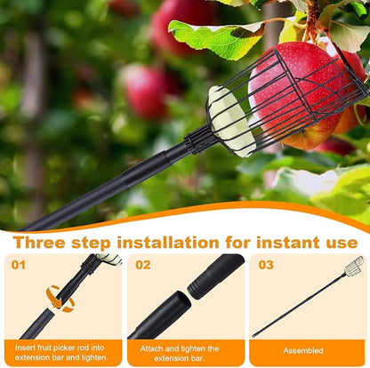Fruit Picker Pole with Basket, 10.7FT (130 Inch) Adjustable Fruits Picker Tool with Stainless Steel Handle Fruit Grabber Reach Tool for Apple Mango Pear Avocados Fruit Picking, Black