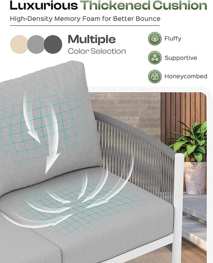 Aluminum Outdoor Patio Furniture Set, HDPE Rope 4 Piece Modern Sectional Conversation Sets with Dual-Layer Coffee Table, All Weather Patio Couch Sofa with Thick Cushions, White Frame, White