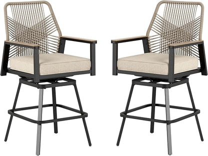 HERA'S HOUSE Outdoor Swivel Bar Stools Set of 2, High Top Patio Chairs with All Weather Cushion Pro Fabric, Bistro Set for Backyard, Lawn Garden, Balcony,Poolside