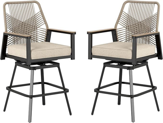 Outdoor Swivel Bar Stools Set of 2, Rattan High Top Patio Chairs with Waterproof Cushion and Armrest, All-Weather Bar Height Furniture for Outside Patio Balcony and Pool, Beige