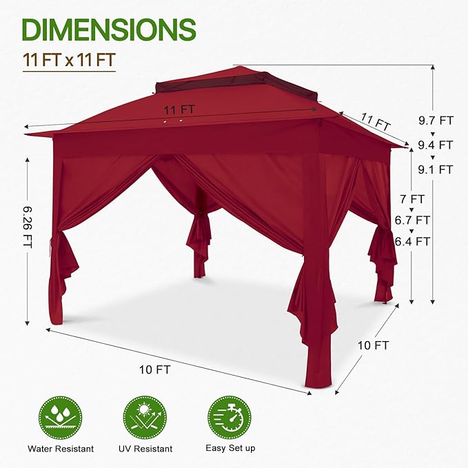 COOS BAY 11x11 Pop-up Instant Gazebo Tent with 4 Sidewalls Outdoor Canopy Shelter with Carry Bag, Stakes and Ropes, Red