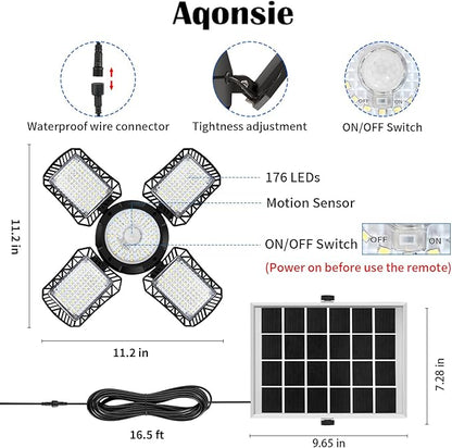 Aqonsie Solar Shed Light Outdoor Indoor, 176LED Solar Powered Motion Sensor Pendant Light Daytime Available, Solar Indoor Lights with 5 Lighting Modes & Remote for Shed Gazebo Barn Garage Home