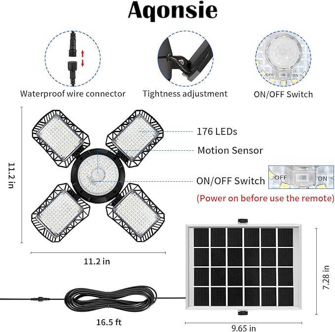 Aqonsie Solar Shed Light Outdoor Indoor, 176LED Solar Powered Motion Sensor Pendant Light Daytime Available, Solar Indoor Lights with 5 Lighting Modes & Remote for Shed Gazebo Barn Garage, 2 Pack