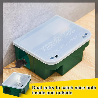 Qualirey 4 Pcs Rat Bait Station 8.86 x 7.28 x 3.62 in Rat Traps with Openable Lid, Blocks Boxes with Keys for Big Mouse, Keeps Children and Pets Safe Indoor & Outdoor, Bait Not Included (Clear,Green)