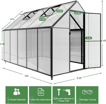 Outdoor Polycarbonate Greenhouse 10x6x6 FT Heavy Duty Aluminum Frame Outsides Green House Kit with Transparent Panels Windows Door for Backyard Garden, Walk in Plant Greenhouses,Black Thick Frame