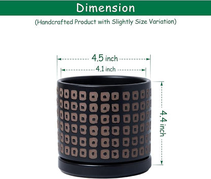 D'vine Dev Set of 2 Ceramic Planter Pots with Drainage Hole and Saucer, 4.5 Inch Plant Pots for Plants Indoor Houseplants, Black, 99-Z-A-2-V