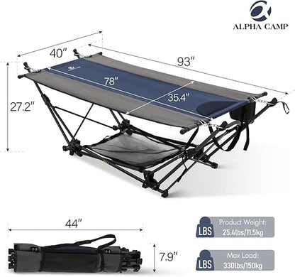 ALPHA CAMP Portable Hammock with Stand Included, Free Standing Hammock for Outside Heavy Duty, Outdoor Self Standing Hammock Foldable with Storange Net for Backyard Camping Beach 330lbs Capacity