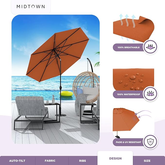 Midtown Umbrellas 10-Year-No-Fade - 9 Ft - UV Proof Dark Orange Polyester Fabric - Umbrella Outdoor Patio, Auto-Tilt Aluminum Frame Patio Umbrella for Garden, Pool & Deck - Black Pole