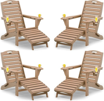 Folding Adirondack Chairs Set of 4,Adirondack Chair with Retractable Ottoman,Plastic Adirondack Chairs with 2 Cup Holder,Weather Resistant Patio Chair,Outdoor Chairs Set of 4(Teak)
