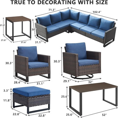HUMMUH 10 Piece Patio Furniture Set PE Wicker 3 Outdoor Sectional Sofa Set with Patio Chairs Dinning Table Ottomans for Porch,Garden,Backyard,Deck(Brown/Blue)