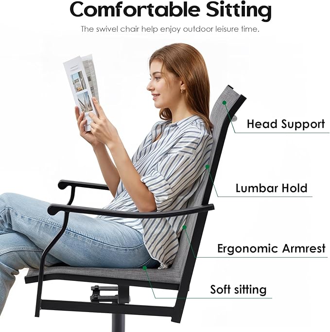 Soohow Outdoor Dining Chairs Set of 2, 360°Swivel Patio Dining Chair with Textilene Fabric, Outdoor Metal Armchair All Weather Resistant, Ergonomic Comfort, Perfect for Patio, Backyard, Balcony