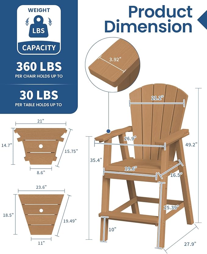 Ciokea Tall Adirondack Chairs Set of 4, HDPE Outdoor Adirondack Bar Stools with Double Connecting Tray, Weather Resistant High Back Adirondack Balcony Chairs for Deck, Lawn, Pool, Backyard, Teak