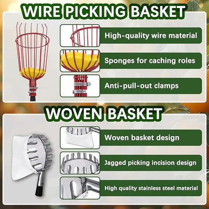 20 Ft Fruit Picker with Wire Basket and Bag Basket,Adjustable Stainless Steel Fruit Picker Pole with Universal Thread Head,35-243 Inch,Pick Fruit Tool,Suitable for Picking Apples,Mangoes and Others