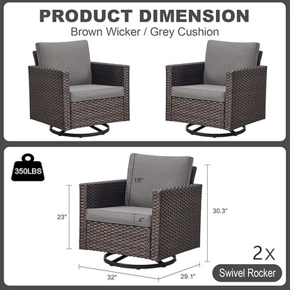 Luxury Outdoor Swivel Rocker Patio Chairs Set of 2, Swivel Patio Chairs for Porch, Yard, Deck, Poolside, Brown/Grey