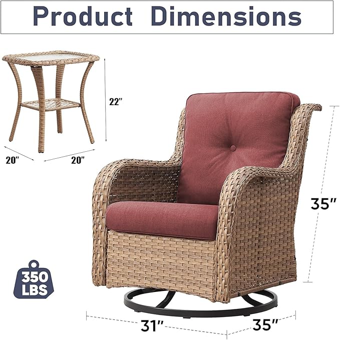 Luxury Wicker Swivel Patio Chairs Set of 3, Outdoor Swivel Rocking Chairs with Side Table, Outdoor Bistro Set for Patio, Porch, Yard, Deck, Poolside, Yellow/Red