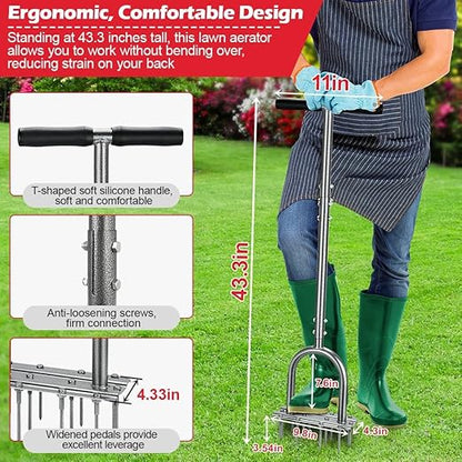 Lawn Aerator Tool, 43.3" Pre-Assembled Lawn Aerator with 12 3.5" Lengthened Iron Spikes, Efficient Manual Grass Spikes Aerator for Yard Aerating, Garden Tools, Easy to Use