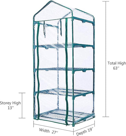 Worth Garden 4 Tier Mini Greenhouse - 63'' H x 27'' L x 19'' W - Sturdy Portable Gardening Shelves with PVC Cover - Small Green House Use in Indoor & Outdoor for Plants Flowers